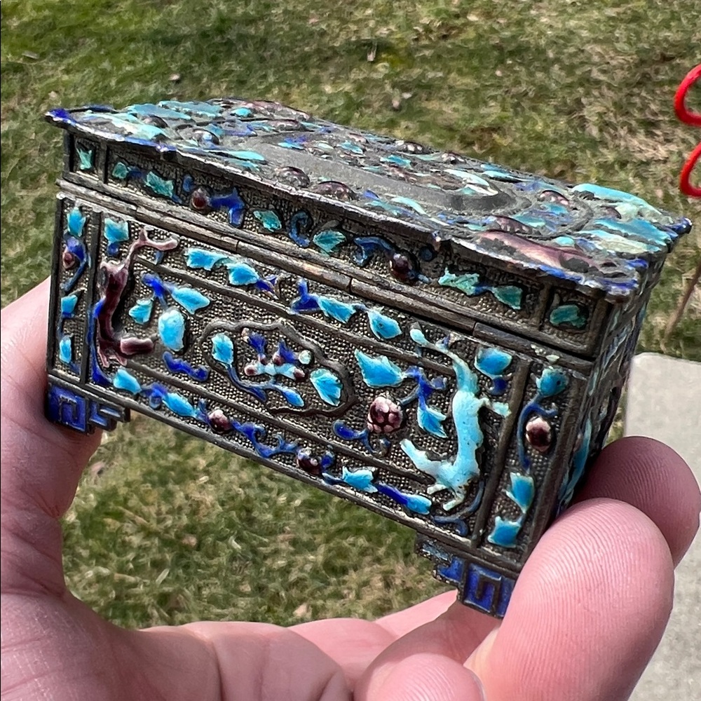 Antique Chinese Silver Plated Blue Purple Enamel Stamp Box Trinket Box - Picture 16 of 17